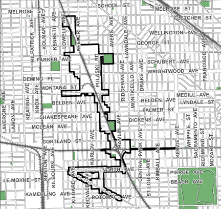 Pulaski Corridor TIF district, roughly bounded on the north by Melrose Street, Grand and Potomac avenues on the south, Avers and Lawndale avenues on the east, and Kenneth Avenue on the west.